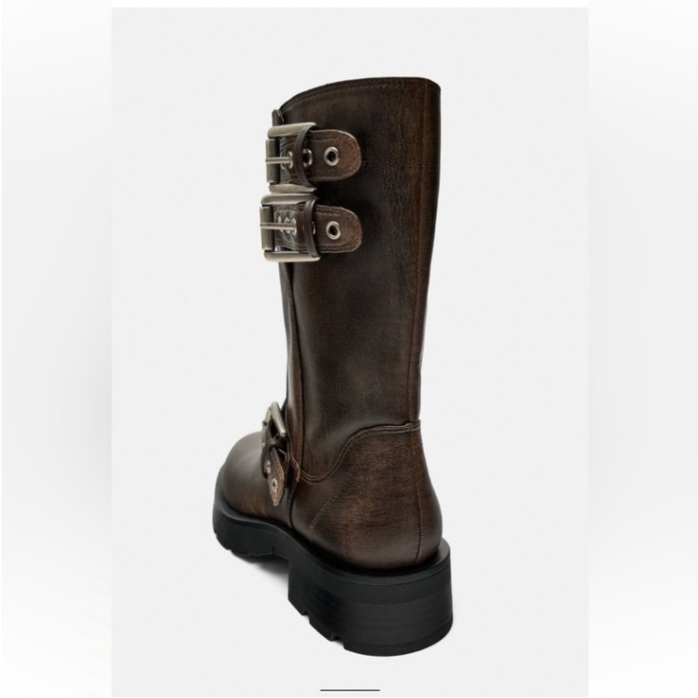 41. ZARA WOMEN'S FLAT BIKER BOOTS WITH BUCKLES BROWN